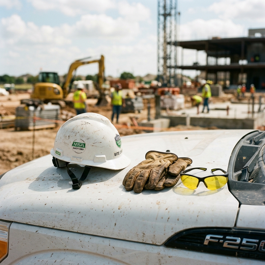 White safety helmet and gloves on contractor pickup truck hood