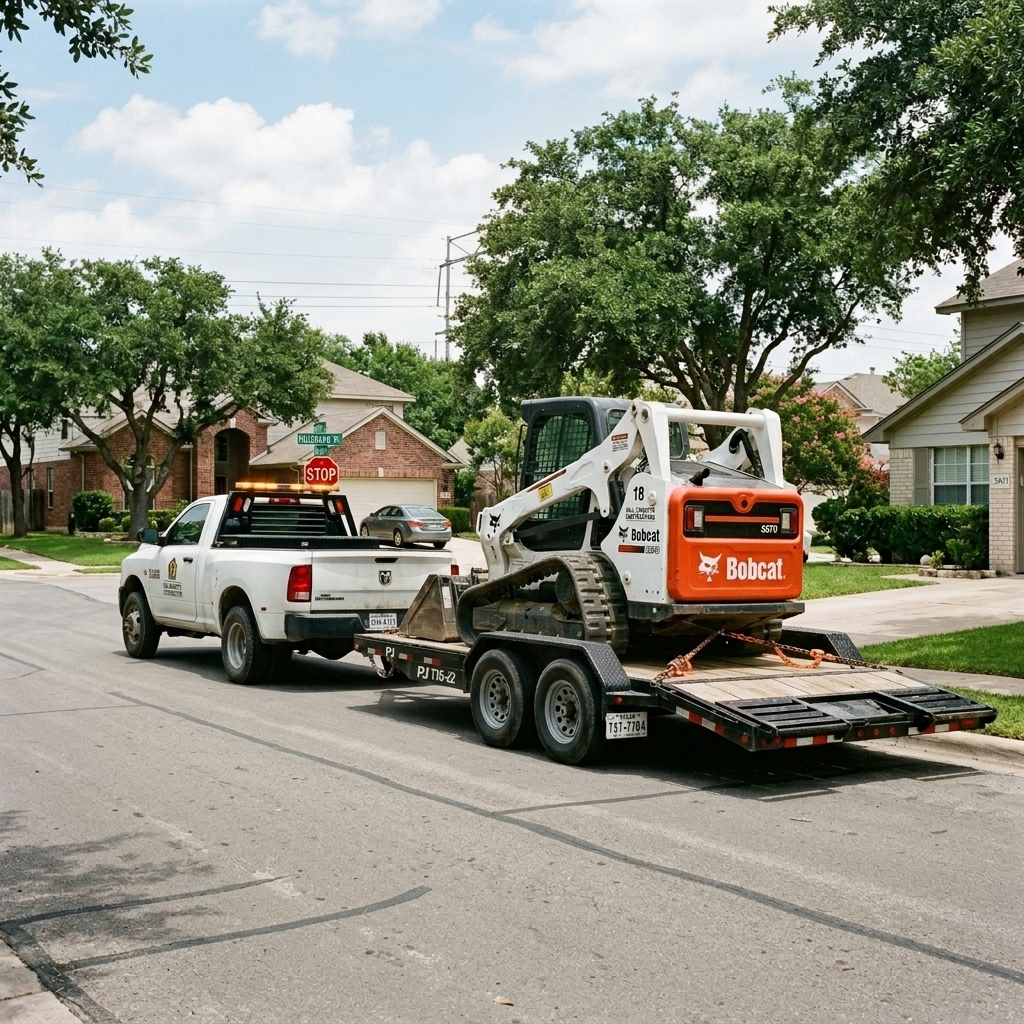 Bobcat loader on flatbed trailer