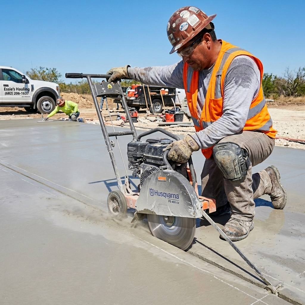 Worker saw cutting expansion joints in concrete driveway