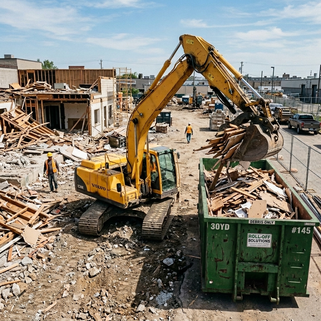 Excavator loading deconstruction waste into red dumpster